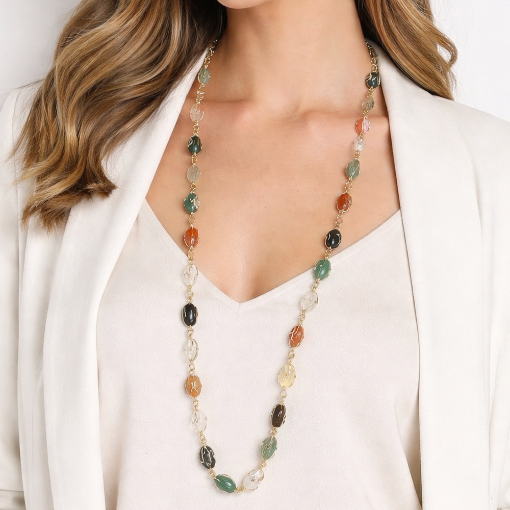 Boho Multi-Gemstone Long Necklace 🤍